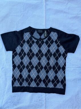 Dana Buchman Black and Grey Argyle Wool Sweater
